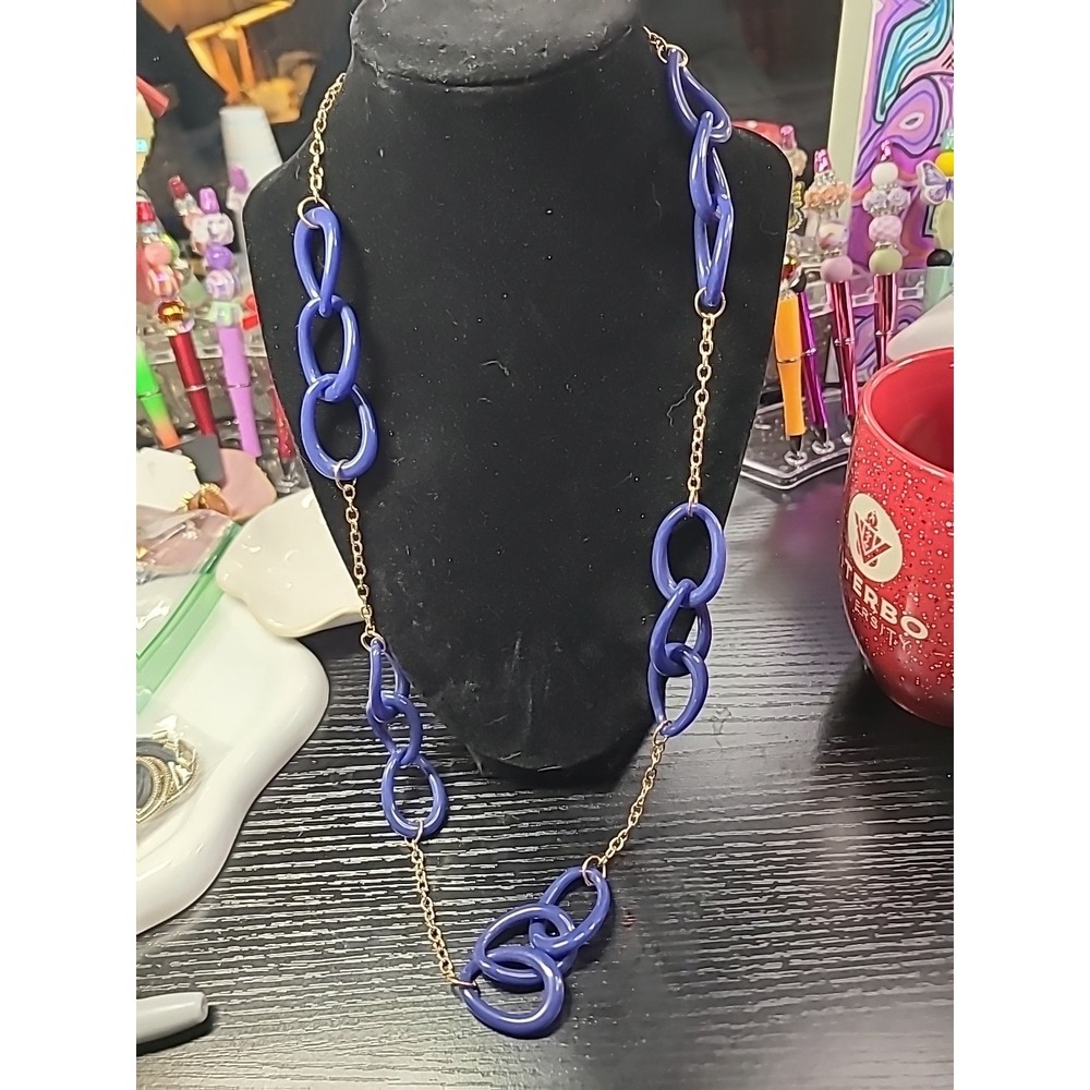 Lele Sadoughi Blue Resin Link Necklace Gold Tone Chain 30in Statement